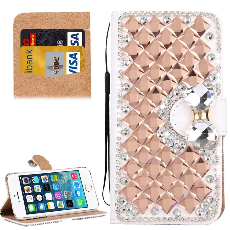 For iPhone SE & 5s & 5 Diamond Encrusted Bowknot Pattern Horizontal Flip Leather Case with Magnetic Buckle & Card Slots & Holder & Lanyard