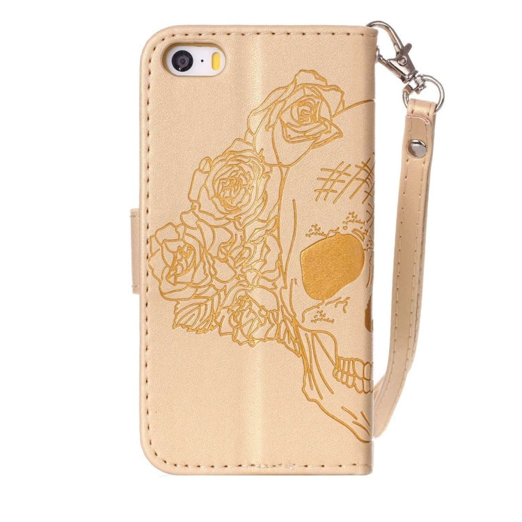 For iPhone 5 & 5s & SE Crazy Horse Texture Skull Printing Horizontal Flip Leather Case with Holder & Card Slots & Wallet & Lanyard