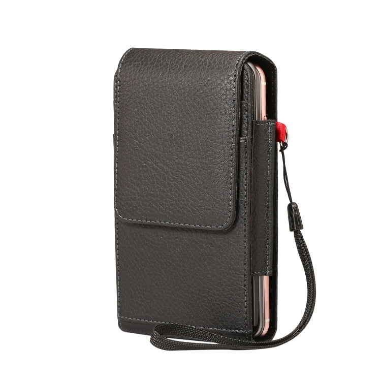 For 6.7 inch and Below Phones Litchi Texture Multifunctional Universal Vertical Flip Upright Double Lattice PU Leather Case Waist Bag with Card Slot & Belt Clip & Lanyard (Black)