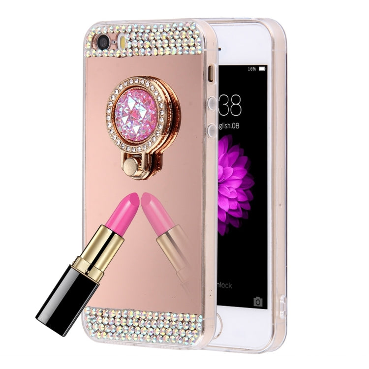 For iPhone 5 & 5s & SE Diamond Encrusted Electroplating Mirror Protective Cover Case with Hidden Ring Holder