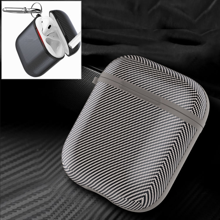 HX-0010-TQW Anti-fall TPU Carbon Fiber Pattern Wireless Bluetooth Earphone Protective Case for Apple AirPods 1, with Hang Buckle