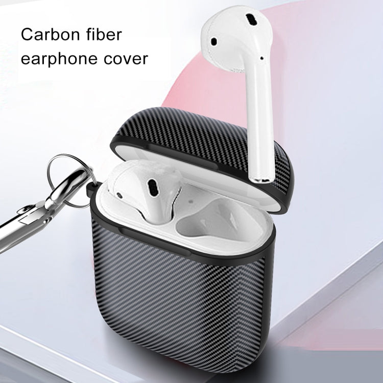 HX-0010-TQW Anti-fall TPU Carbon Fiber Pattern Wireless Bluetooth Earphone Protective Case for Apple AirPods 1, with Hang Buckle