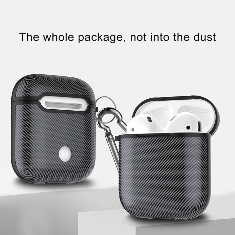 HX-0010-TQW Anti-fall TPU Carbon Fiber Pattern Wireless Bluetooth Earphone Protective Case for Apple AirPods 1, with Hang Buckle