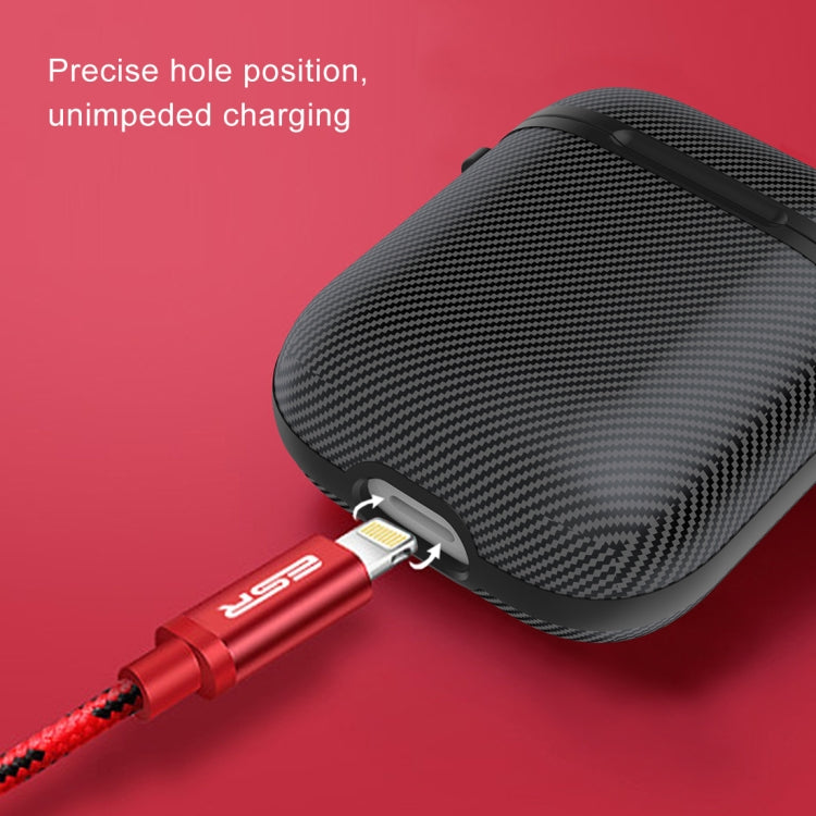 HX-0010-TQW Anti-fall TPU Carbon Fiber Pattern Wireless Bluetooth Earphone Protective Case for Apple AirPods 1, with Hang Buckle
