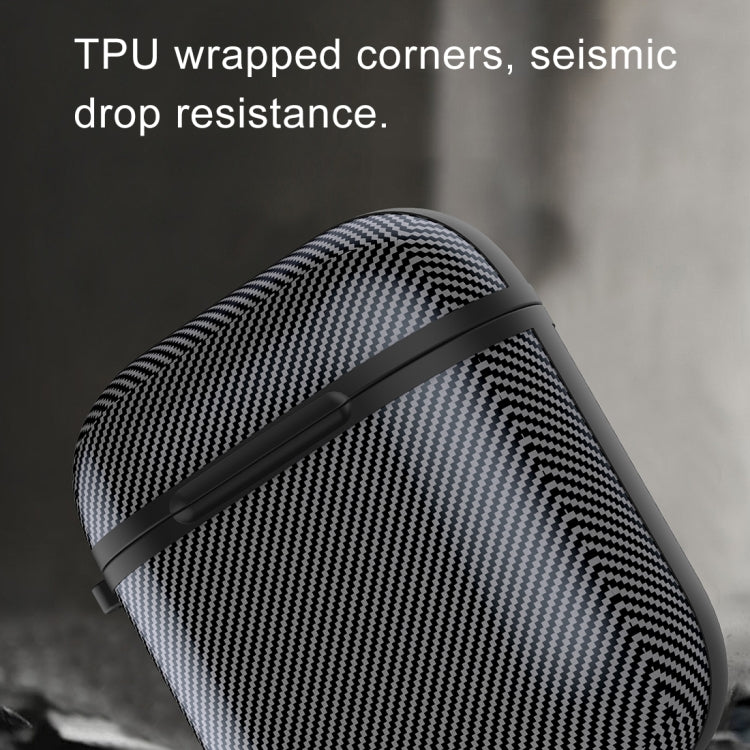 HX-0010-TQW Anti-fall TPU Carbon Fiber Pattern Wireless Bluetooth Earphone Protective Case for Apple AirPods 1, with Hang Buckle
