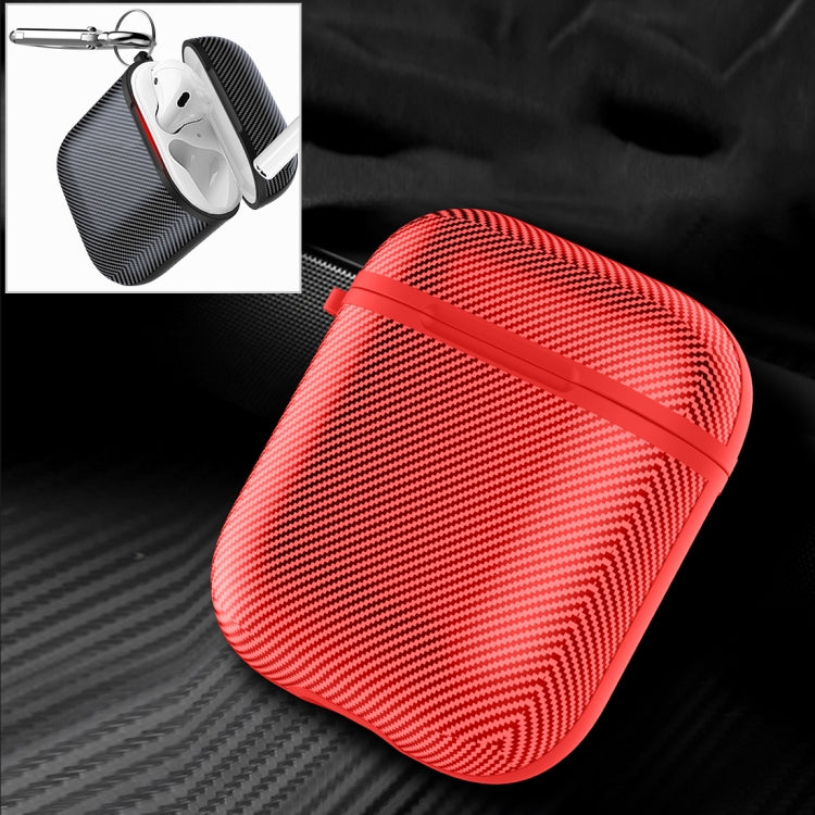 HX-0010-TQW Anti-fall TPU Carbon Fiber Pattern Wireless Bluetooth Earphone Protective Case for Apple AirPods 1, with Hang Buckle