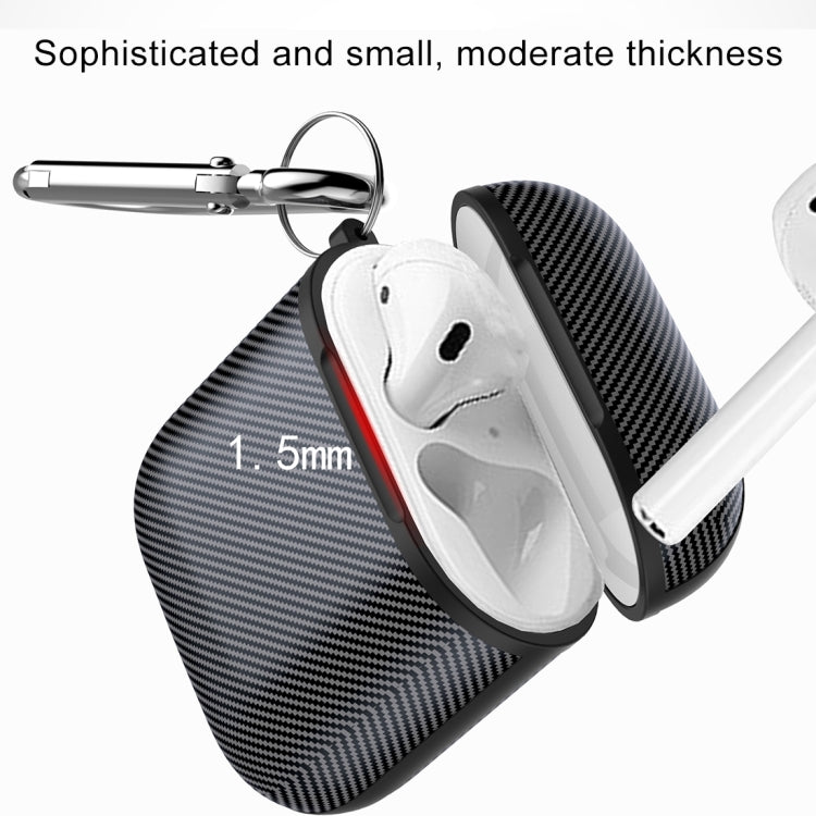 HX-0010-TQW Anti-fall TPU Carbon Fiber Pattern Wireless Bluetooth Earphone Protective Case for Apple AirPods 1, with Hang Buckle