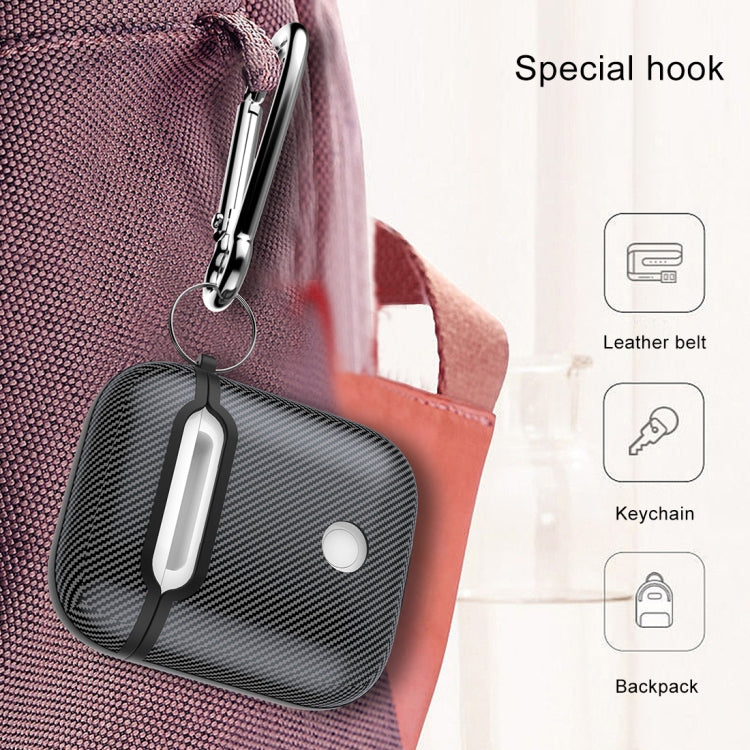 HX-0010-TQW Anti-fall TPU Carbon Fiber Pattern Wireless Bluetooth Earphone Protective Case for Apple AirPods 1, with Hang Buckle