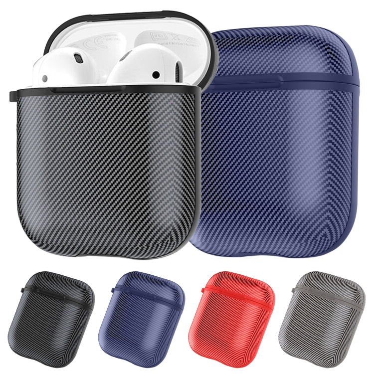 HX-0010-TQW Anti-fall TPU Carbon Fiber Pattern Wireless Bluetooth Earphone Protective Case for Apple AirPods 1, with Hang Buckle