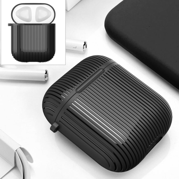 HX-0010-TW Anti-fall TPU Stripe Wireless Bluetooth Earphone Protective Case for Apple AirPods 1, with Hang Buckle