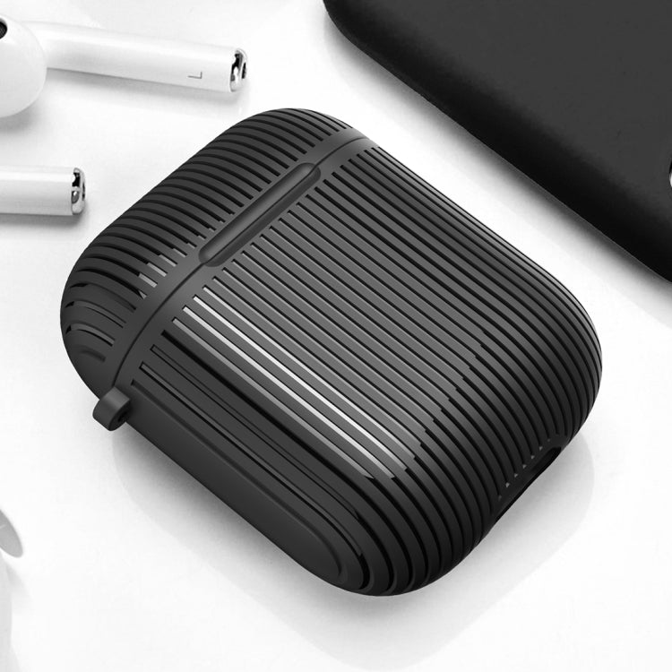 HX-0010-TW Anti-fall TPU Stripe Wireless Bluetooth Earphone Protective Case for Apple AirPods 1, with Hang Buckle