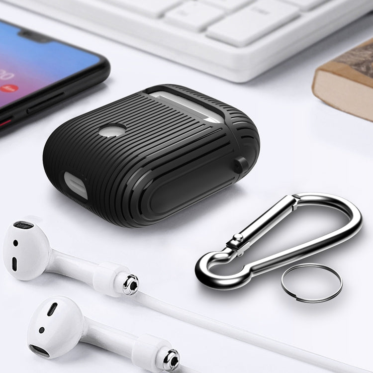 HX-0010-TW Anti-fall TPU Stripe Wireless Bluetooth Earphone Protective Case for Apple AirPods 1, with Hang Buckle