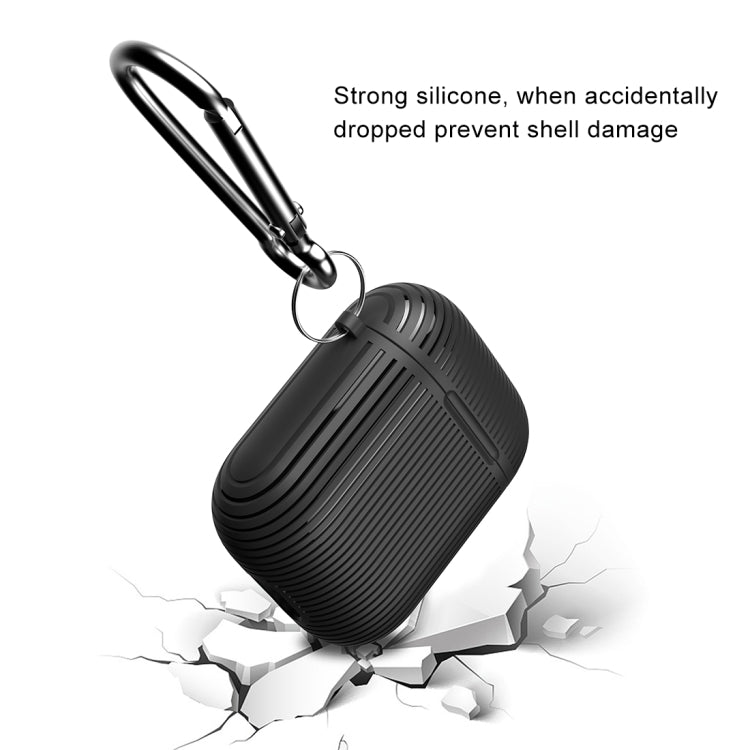 HX-0010-TW Anti-fall TPU Stripe Wireless Bluetooth Earphone Protective Case for Apple AirPods 1, with Hang Buckle