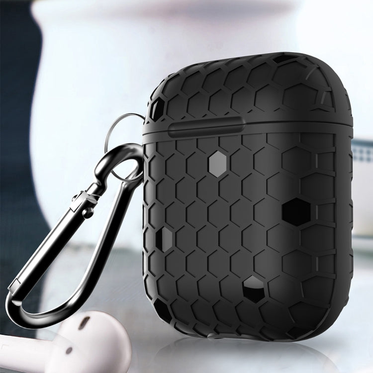 HX-0010-ZQW Anti-fall TPU Football Texture Wireless Bluetooth Earphone Protective Case for Apple AirPods 1, with Hang Buckle