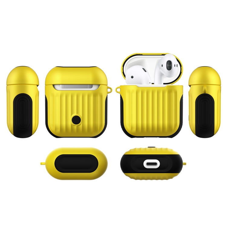 HX-0010-XLX 2 in 1 Anti-fall TPU + PC Suitcase Shape Wireless Bluetooth Earphone Protective Case for Apple AirPods 1, with Hook