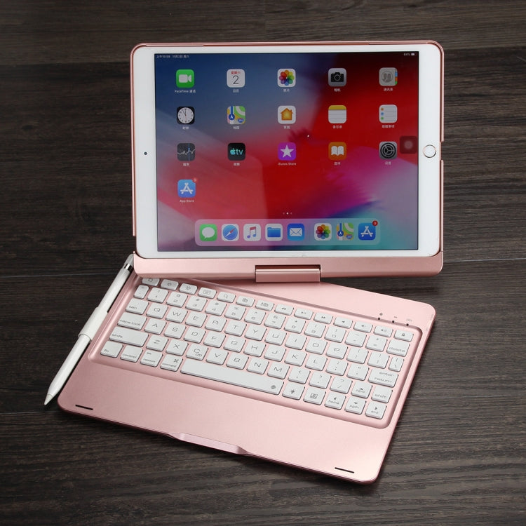 F102AS For iPad 10.2 inch Colorful Backlit Rotatable Bluetooth Keyboard Leather Tablet Case with Pen Slot Function