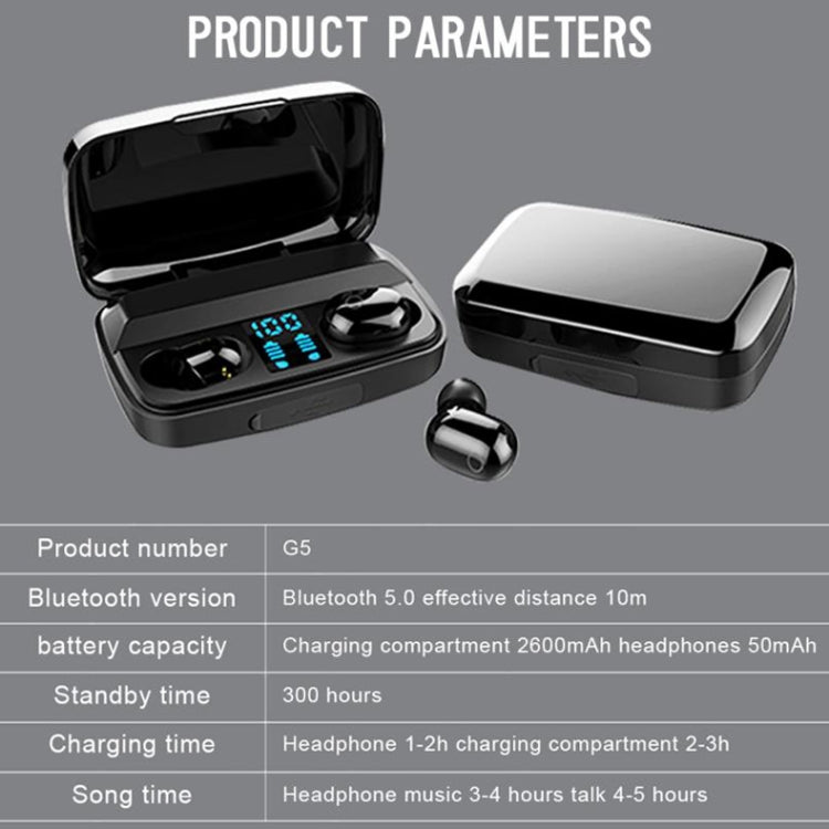 G5 Bluetooth 5.0 TWS Touch LED Digital Display Wireless Sports Bluetooth Earphone with Charging Box