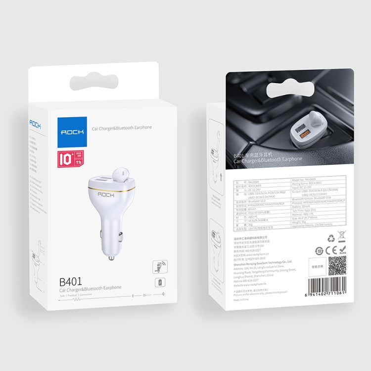 ROCK B401 2 in 1 3A USB Port Car Charger & V5.0 Bluetooth Right Ear Headset, Dual USB Interface, Support Hands-free Call(White)
