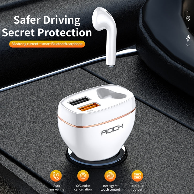 ROCK B401 2 in 1 3A USB Port Car Charger & V5.0 Bluetooth Right Ear Headset, Dual USB Interface, Support Hands-free Call(White)