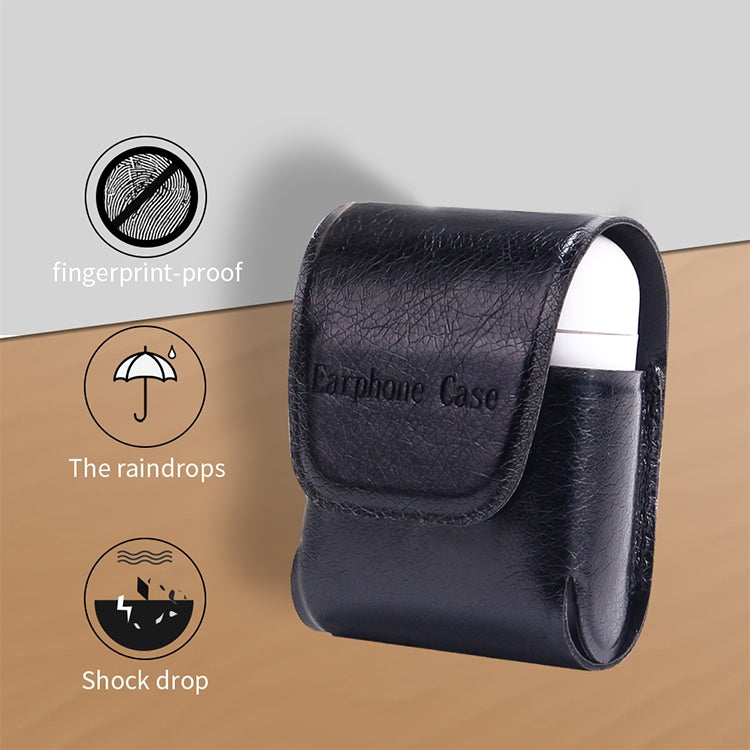 For Apple AirPods 1 / 2 PU Leather Waterproof Anti-drop Magnetic Closure Bluetooth Earphone Protection Cover, with Hook