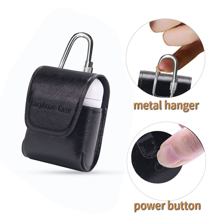 For Apple AirPods 1 / 2 PU Leather Waterproof Anti-drop Magnetic Closure Bluetooth Earphone Protection Cover, with Hook