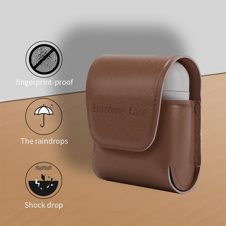 For Apple AirPods 1 / 2 PU Leather Waterproof Anti-drop Magnetic Closure Bluetooth Earphone Protection Cover, with Hook