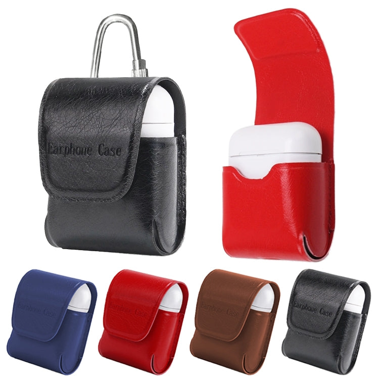 For Apple AirPods 1 / 2 PU Leather Waterproof Anti-drop Magnetic Closure Bluetooth Earphone Protection Cover, with Hook