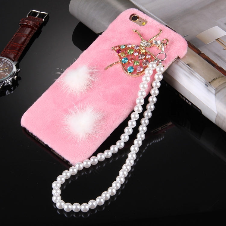 For iPhone 6 & 6s Furry Ball Diamond Encrusted Plush Cloth Cover PC Protective Case with Pearl Chain