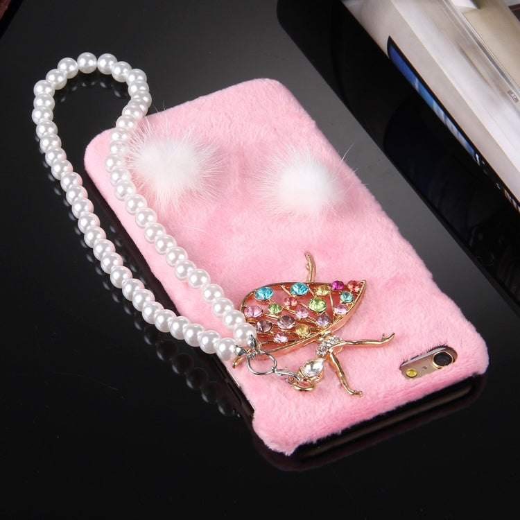 For iPhone 6 & 6s Furry Ball Diamond Encrusted Plush Cloth Cover PC Protective Case with Pearl Chain