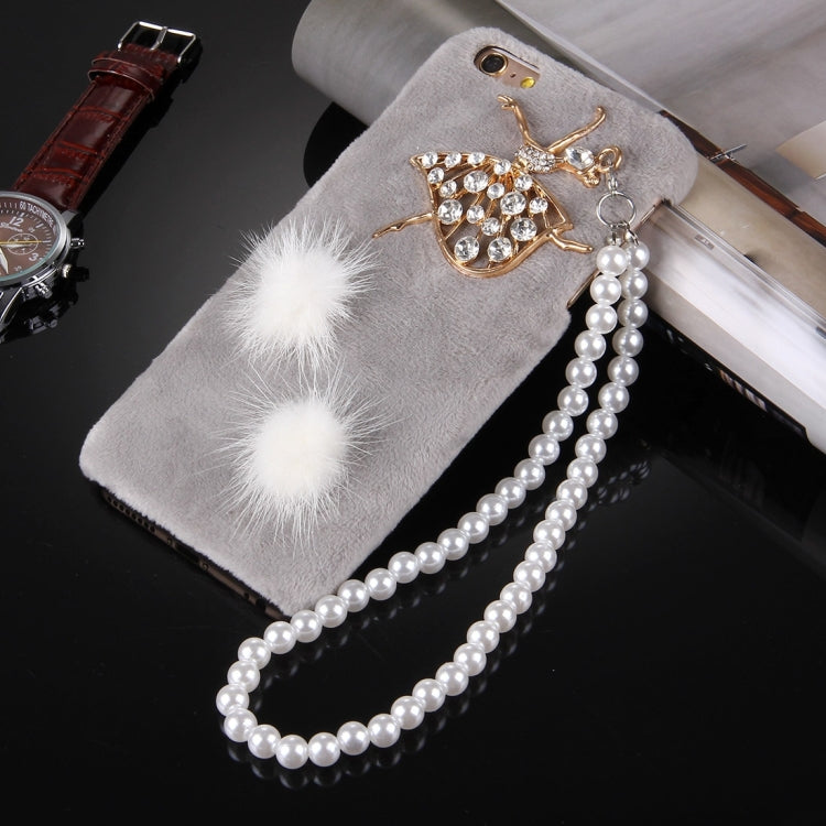 For iPhone 6 & 6s Furry Ball Diamond Encrusted Plush Cloth Cover PC Protective Case with Pearl Chain