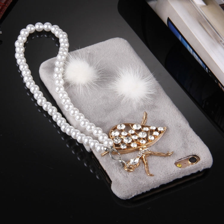 For iPhone 6 & 6s Furry Ball Diamond Encrusted Plush Cloth Cover PC Protective Case with Pearl Chain
