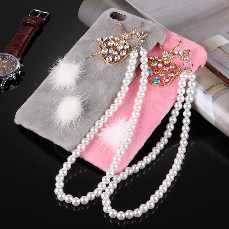 For iPhone 6 & 6s Furry Ball Diamond Encrusted Plush Cloth Cover PC Protective Case with Pearl Chain