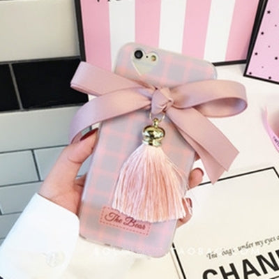 For iPhone 6 & 6s 3D Bowknot Lattice Pattern Soft TPU Protective Back Cover Case with Tassels Pendant