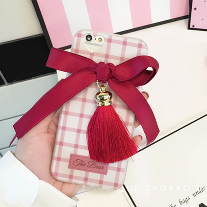 For iPhone 6 & 6s 3D Bowknot Lattice Pattern Soft TPU Protective Back Cover Case with Tassels Pendant