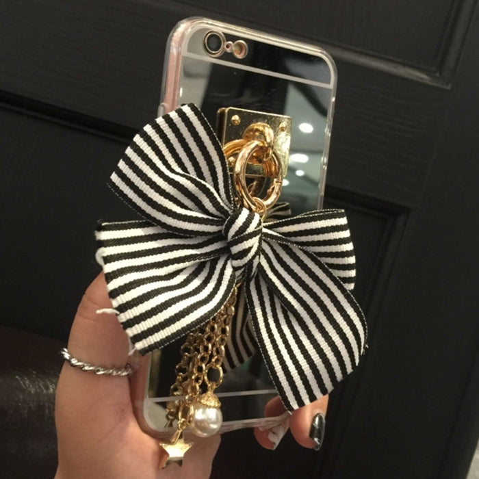 For iPhone 6 & 6s 3D Stripe Bowknot Mirror Soft TPU Protective Back Cover Case with Anti-Dust Plug & Pearl Star Pendant