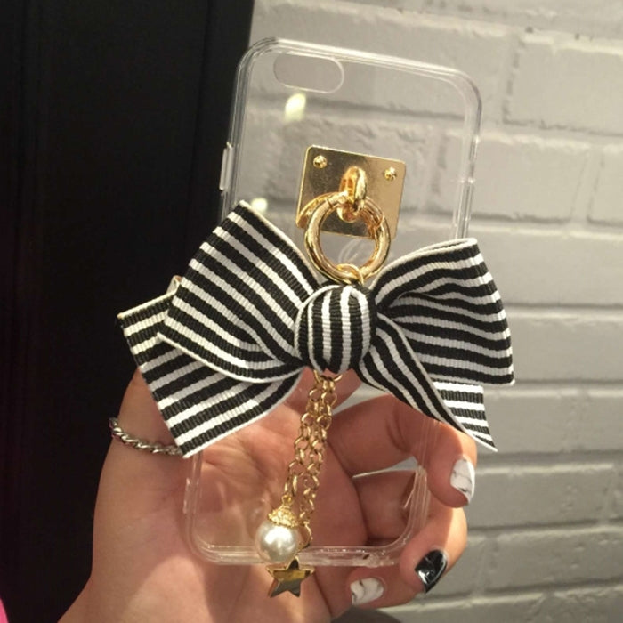 For iPhone 6 & 6s 3D Stripe Bowknot Mirror Soft TPU Protective Back Cover Case with Anti-Dust Plug & Pearl Star Pendant