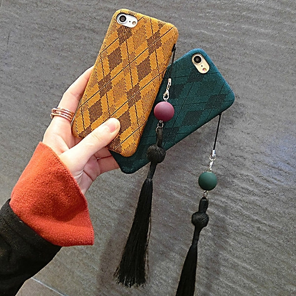 For iPhone 6 & 6s Prismatic Pattern Plush Cloth Protective Back Cover Case with Tassels Pendant