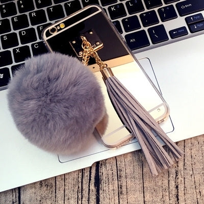 For iPhone 6 & 6s Electroplating Mirror Protective Back Cover Case with Grey Fur Ball & Tassels Pendant