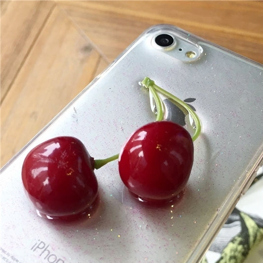 For iPhone 6 & 6s 3D Cherry Pattern Glitter Powder Soft Transparent TPU Protective Cover Case with Lanyard