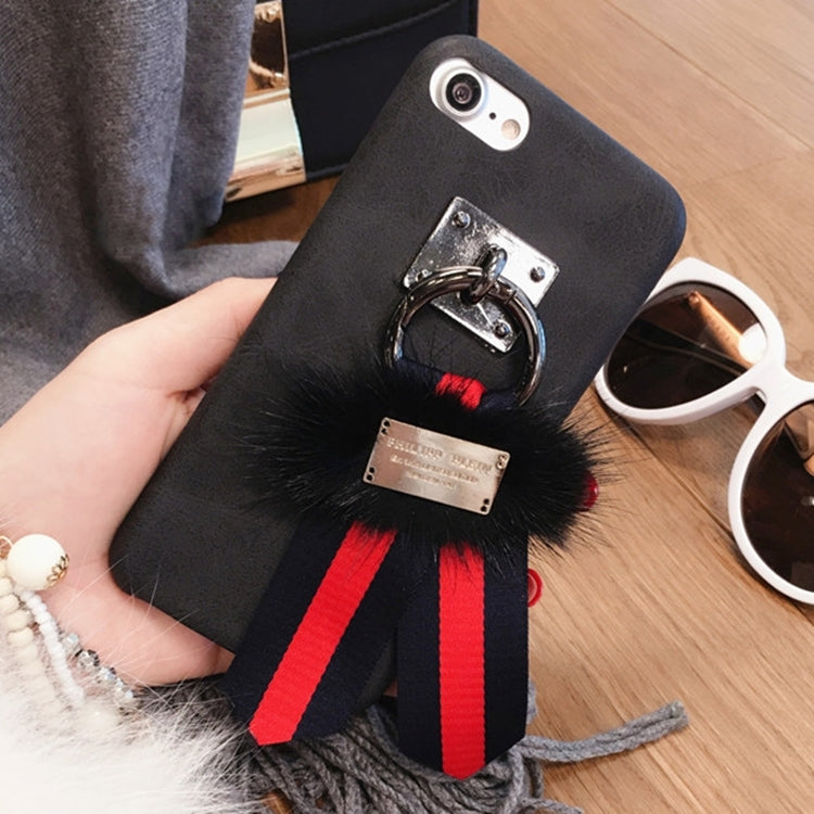 For iPhone 6 & 6s PU Leather Protective Back Cover Case with Black Plush + Red and Blue Cloth Pendant