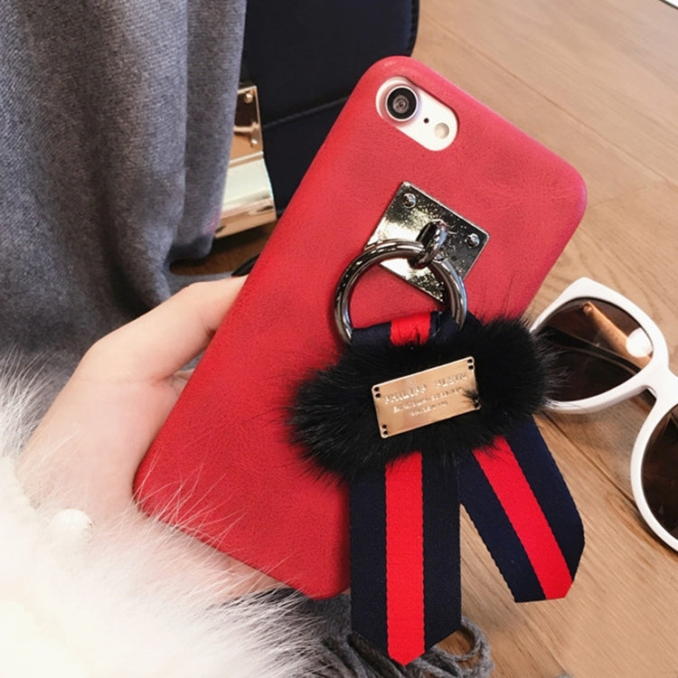 For iPhone 6 & 6s PU Leather Protective Back Cover Case with Black Plush + Red and Blue Cloth Pendant