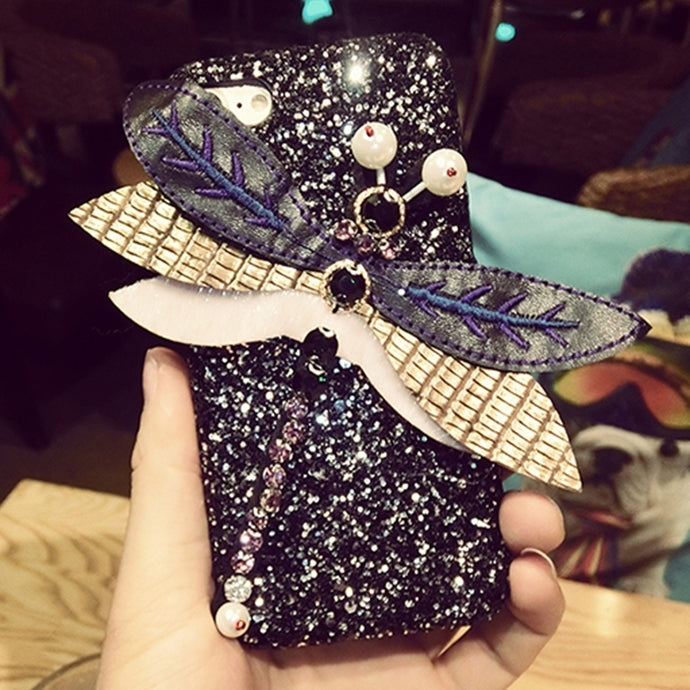 For iPhone 6 & 6s Cloth Dragonfly Glitter Powder Sequins Protective Back Cover Case(Black)