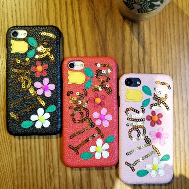 For iPhone 6 & 6s Sequins Flower Pattern Leather Protective Cover Case(Black)