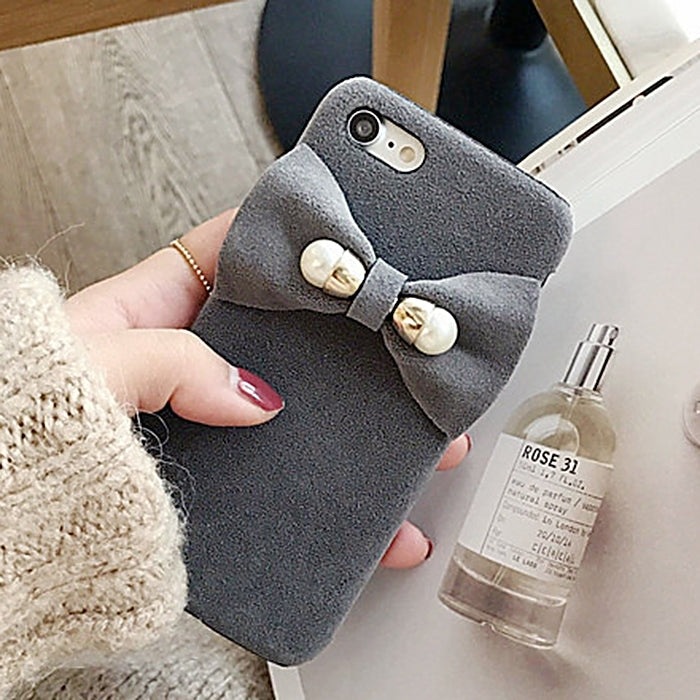 For iPhone 6 & 6s 3D Pearl Bowknot Plush Cloth Protective Back Cover Case