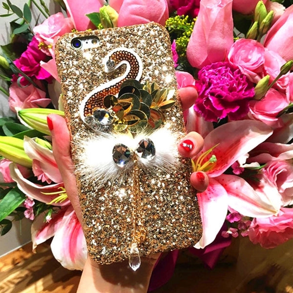 For iPhone 6 & 6s Swan Glitter Powder Sequins Protective Back Cover Case with Plush + Diamond Pendant