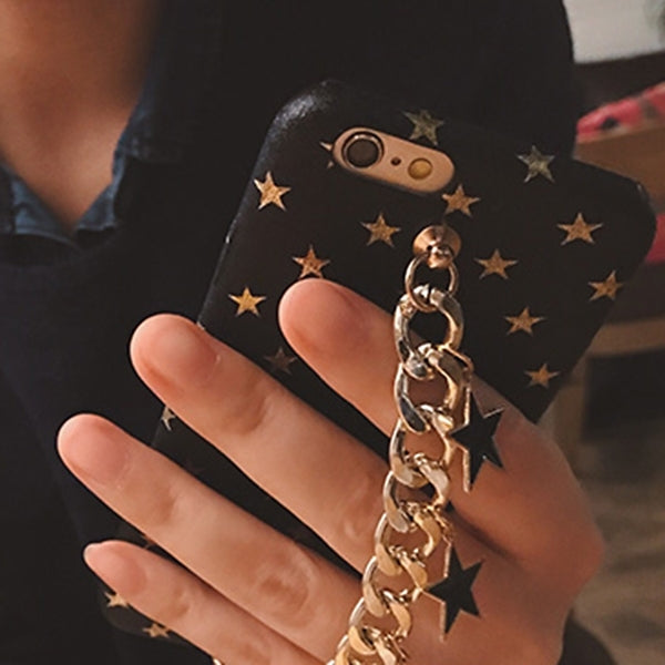 For iPhone 6 & 6s Gold Stars Pattern Protective Back Cover Case with Metal Star Pandent Hand Chain (Black)
