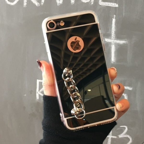 For iPhone 6 & 6s Electroplating Mirror TPU Protective Back Cover Case with Hand Chain (Black)
