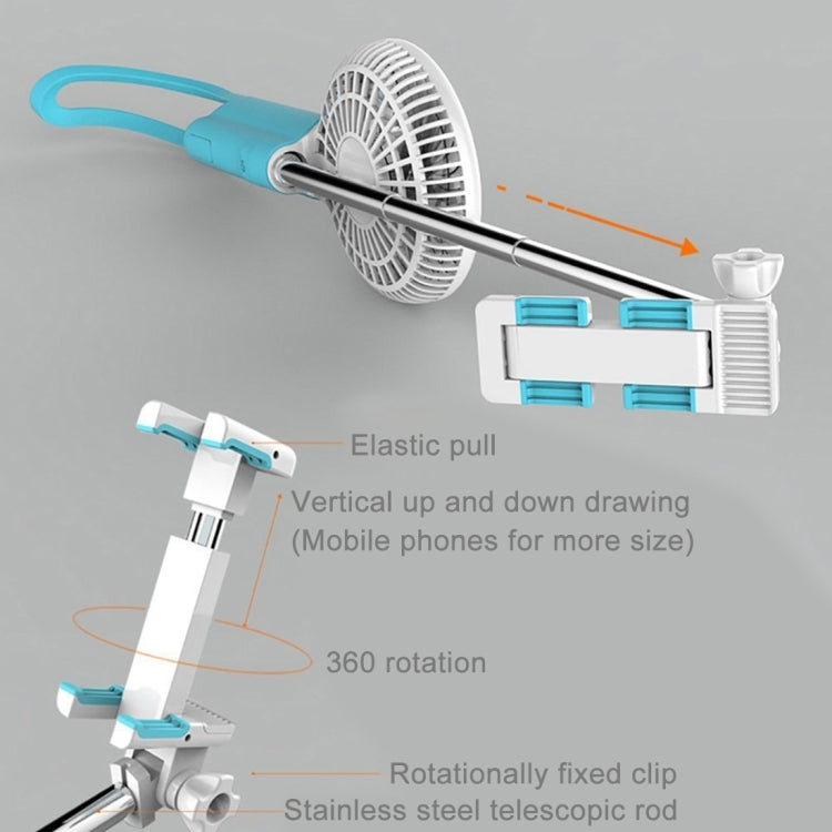 2 in 1 Portable USB Cooling Fan Blower with Three Adjustable Wind Speed + Wire Controlled Monopod Folding Extendable Handheld Pocket Holder Selfie Stick with Silicone Hand Strap, Folded Length: 22cm, Max Extension Length: 60cm(Blue)