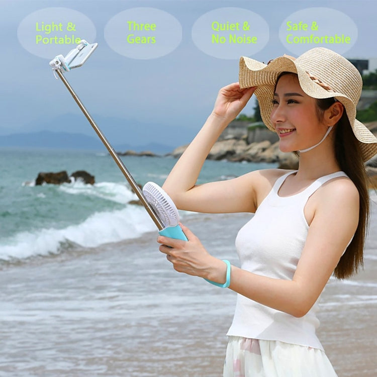 2 in 1 Portable USB Cooling Fan Blower with Three Adjustable Wind Speed + Wire Controlled Monopod Folding Extendable Handheld Pocket Holder Selfie Stick with Silicone Hand Strap, Folded Length: 22cm, Max Extension Length: 60cm(Blue)
