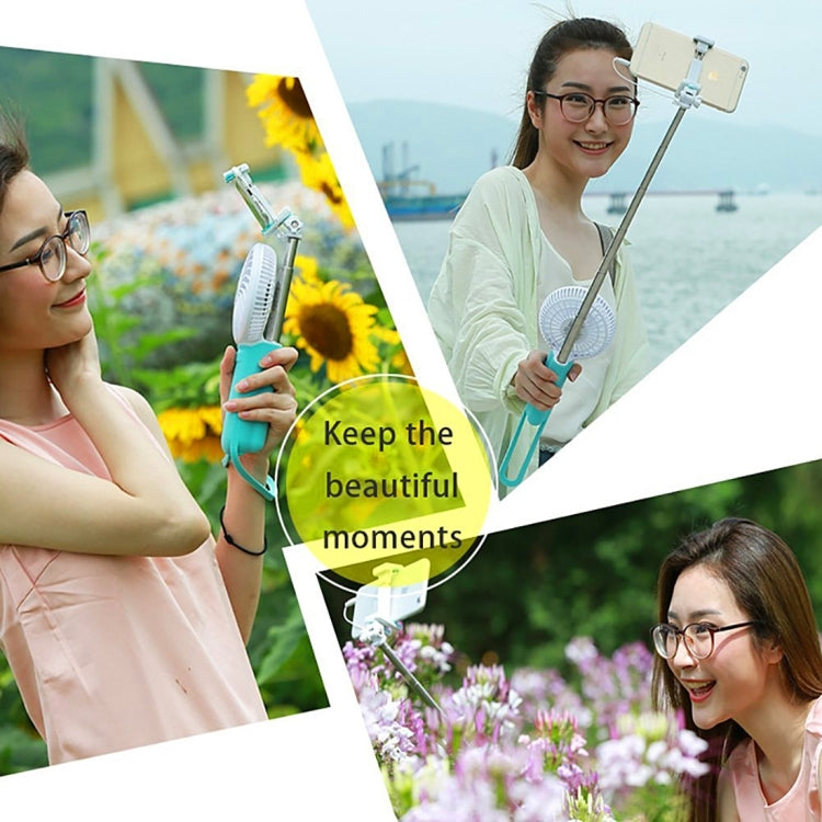 2 in 1 Portable USB Cooling Fan Blower with Three Adjustable Wind Speed + Wire Controlled Monopod Folding Extendable Handheld Pocket Holder Selfie Stick with Silicone Hand Strap, Folded Length: 22cm, Max Extension Length: 60cm(Blue)